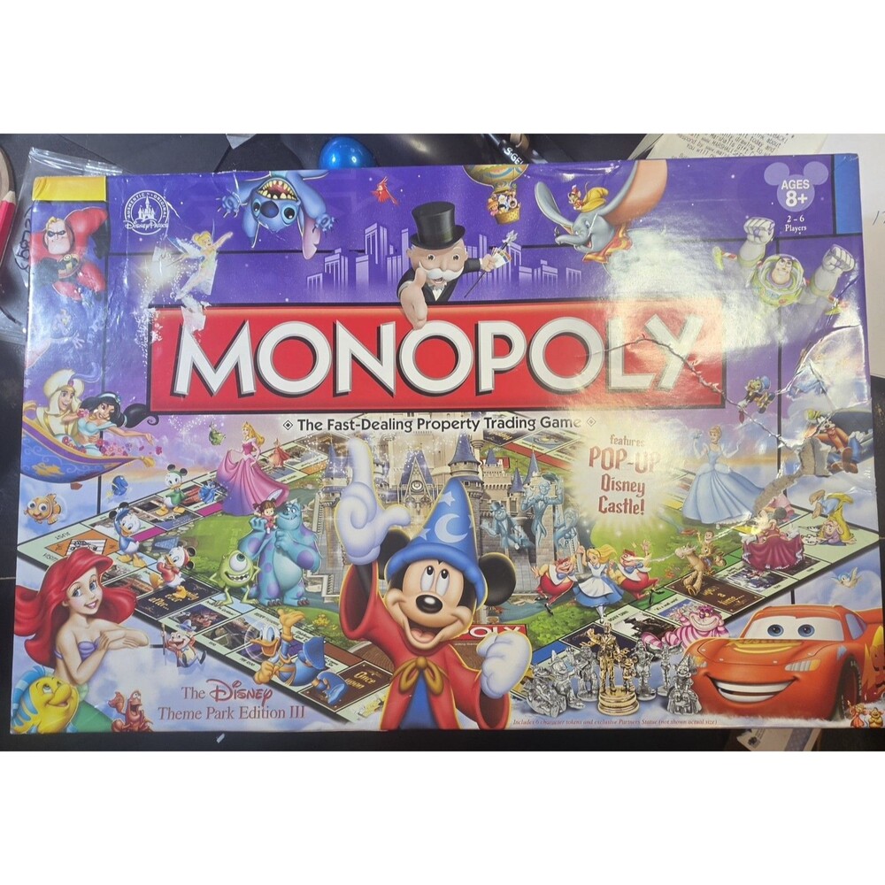 Monopoly Disney Theme Park Edition III w/ Pop-Up Castle COMPLETE! Board Game EUC